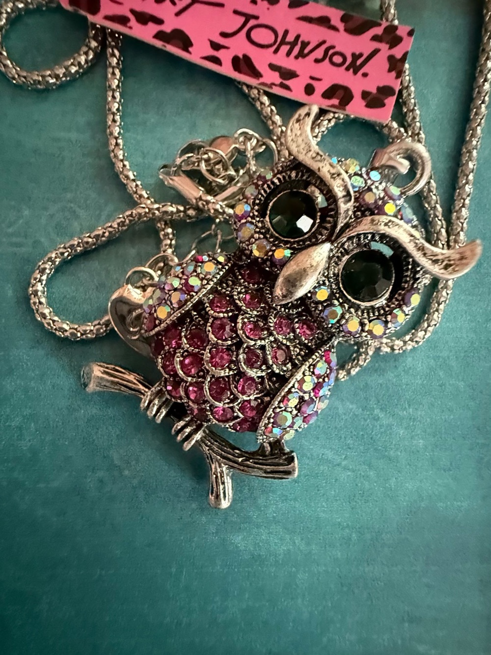 Betsey Johnson Pink and Iridescent Crystal Owl Pendant Necklace
